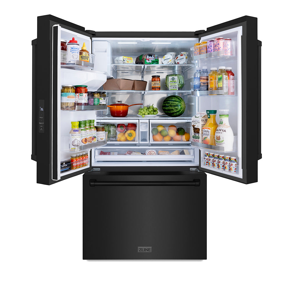ZLINE 36 in. 28.9 cu. ft. Standard-Depth French Door External Water Dispenser Refrigerator with Dual Ice Maker in Fingerprint-Resistant Black Stainless Steel, Open Box-Excellent Condition