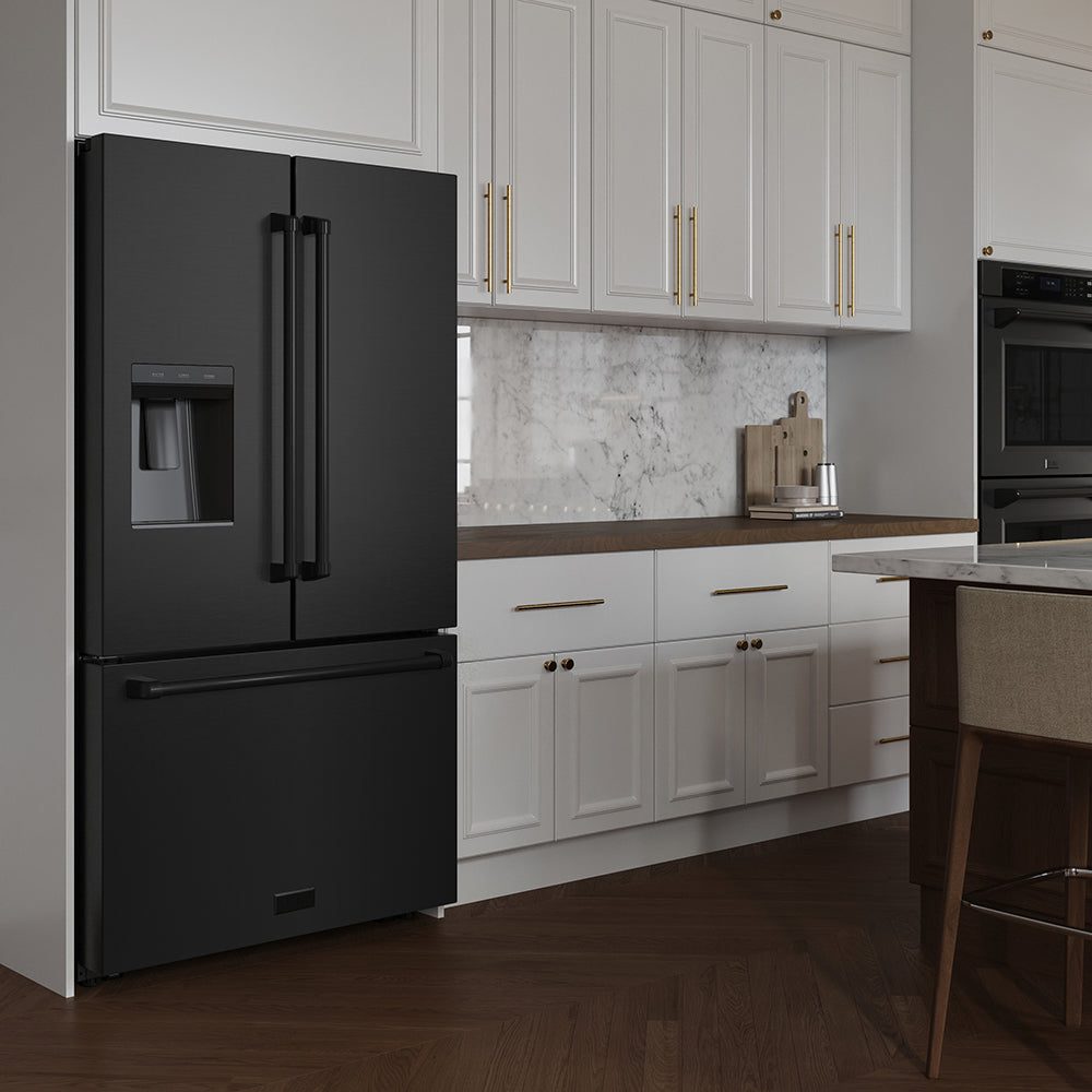ZLINE 36 in. 28.9 cu. ft. Standard-Depth French Door External Water Dispenser Refrigerator with Dual Ice Maker in Fingerprint-Resistant Black Stainless Steel, Open Box-Excellent Condition