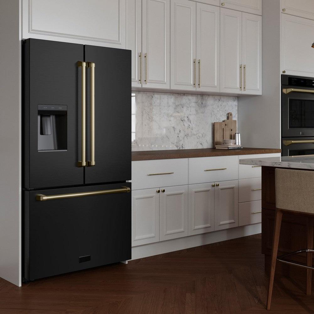 ZLINE Autograph Edition 36 in. 28.9 cu. ft. Standard-Depth French Door External Water Dispenser Refrigerator with Dual Ice Maker in Fingerprint-Resistant Black Stainless Steel and Champagne Bronze Traditional Handles (RSMZ-W-36-BS-CB)