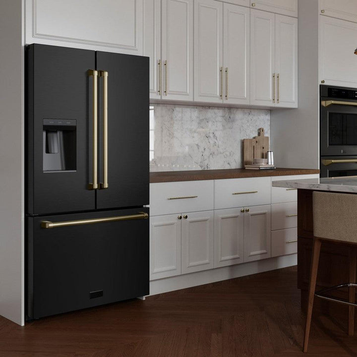 ZLINE Autograph Edition 36 in. 28.9 cu. ft. Standard-Depth French Door External Water Dispenser Refrigerator with Dual Ice Maker in Fingerprint-Resistant Black Stainless Steel and Champagne Bronze Traditional Handles (RSMZ-W-36-BS-CB)