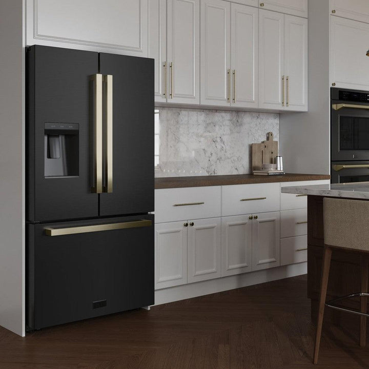 ZLINE Autograph Edition 36 in. 28.9 cu. ft. Standard-Depth French Door External Water Dispenser Refrigerator with Dual Ice Maker in Fingerprint-Resistant Black Stainless Steel and Champagne Bronze Modern Handles (RSMZ-W36-BS-FCB)