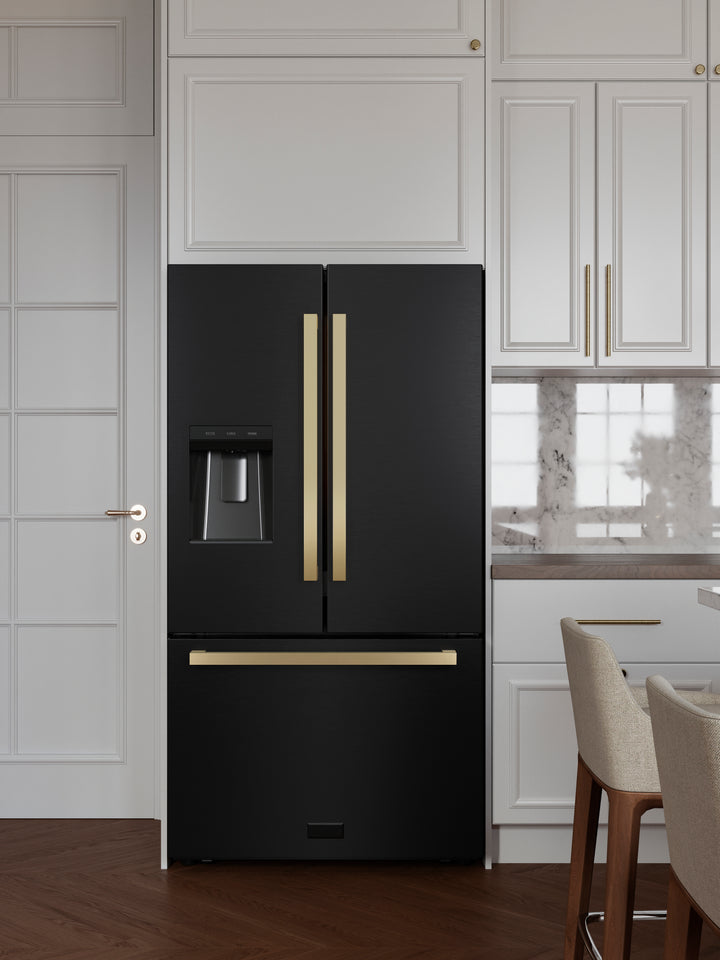 ZLINE Autograph 36" 28.9 cu. ft. Standard-Depth Refrigerator with Water Dispenser, Dual Ice Maker in Black with Champagne Bronze Square Handles