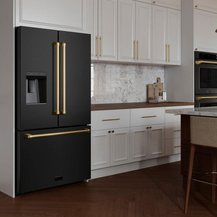 ZLINE Autograph Edition 36 in. 28.9 cu. ft. Standard-Depth French Door External Water Dispenser Refrigerator with Dual Ice Maker in Fingerprint-Resistant Black Stainless Steel and Polished Gold Traditional Handles (RSMZ-W-36-BS-G)