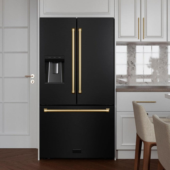 ZLINE Autograph Edition 36 in. 28.9 cu. ft. Standard-Depth French Door External Water Dispenser Refrigerator with Dual Ice Maker in Fingerprint-Resistant Black Stainless Steel and Polished Gold Traditional Handles (RSMZ-W-36-BS-G)