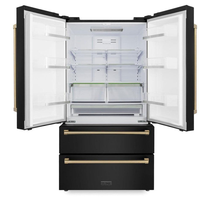 ZLINE Autograph Edition 36 in. Kitchen Package with Black Stainless Steel Dual Fuel Range, Range Hood, Dishwasher and Refrigerator Including Internal Water Dispenser with Champagne Bronze Accents (4AKPR-RABRHDWV36-CB)