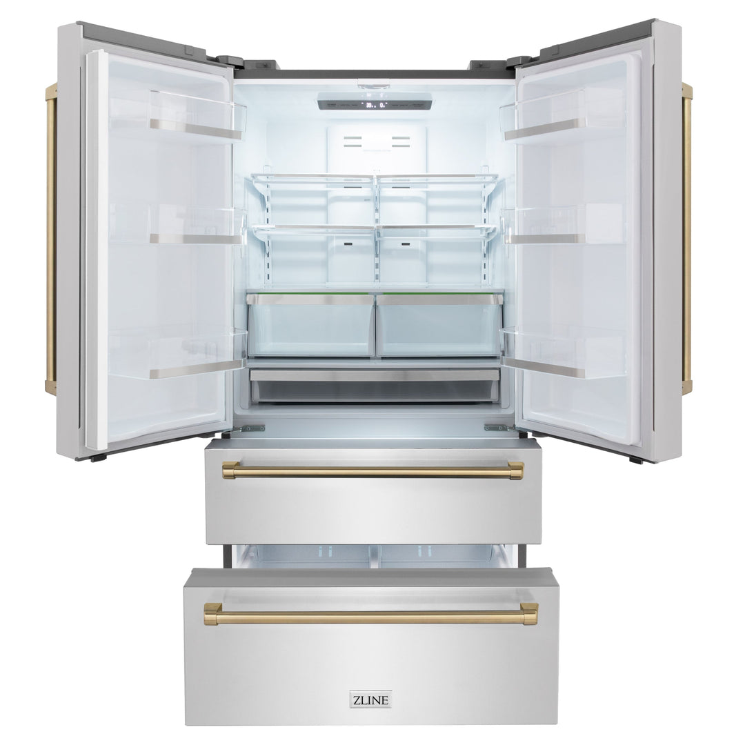 ZLINE 22.5 cu.ft.  Autograph Edition Counter-Depth French Door Refrigerator with Ice Maker in Fingerprint-Resistant Stainless Steel with Champagne Bronze Handles, 22.5 cu. ft.