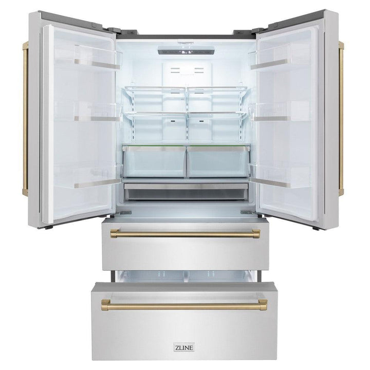 ZLINE Autograph Edition 48 in. Kitchen Package with Stainless Steel Dual Fuel Range, Range Hood, Dishwasher and Refrigerator with Champagne Bronze Accents (4KAPR-RARHDWM48-CB)