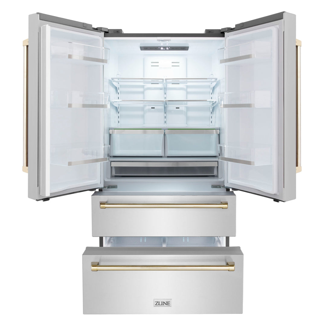 ZLINE 36" Autograph Edition Counter-Depth French Door Refrigerator with Ice Maker in Fingerprint-Resistant Stainless Steel with Polished Gold Traditional Handles