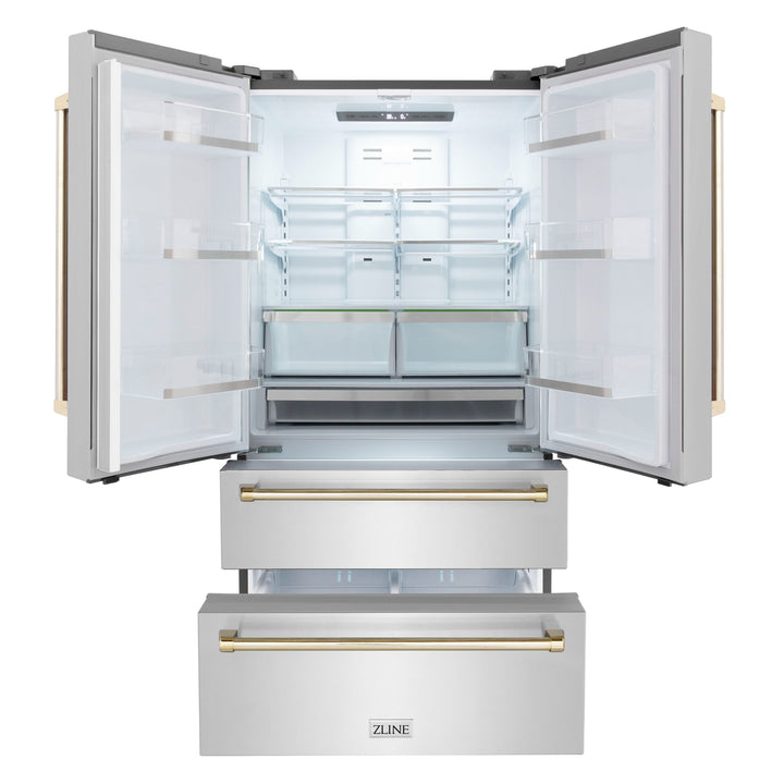 ZLINE 36" Autograph Edition Counter-Depth French Door Refrigerator with Ice Maker in Fingerprint-Resistant Stainless Steel with Polished Gold Traditional Handles