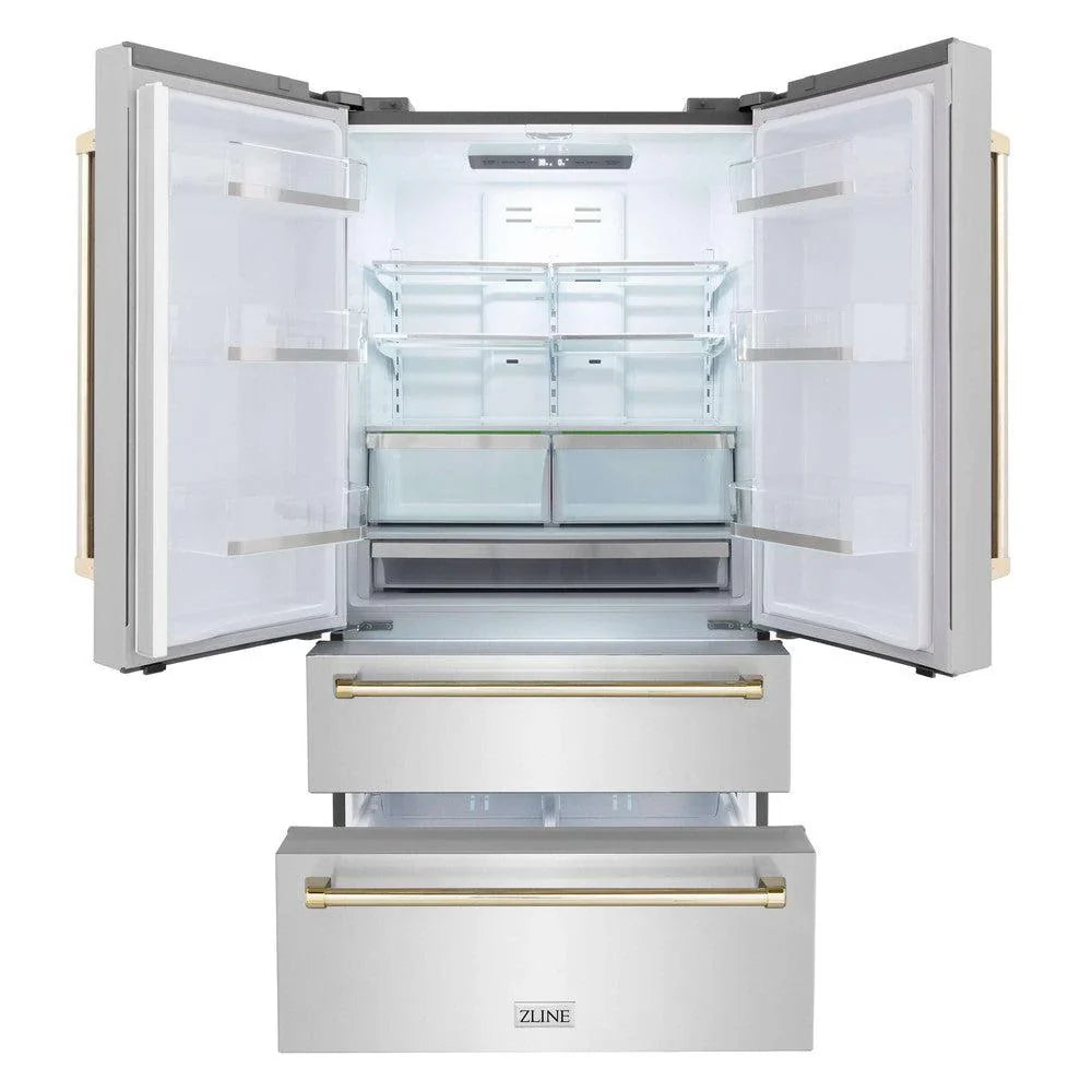 ZLINE 36 In. Autograph 22.5 cu. ft. Refrigerator with Ice Maker in Fingerprint Resistant Stainless Steel and Gold Accents, RFMZ-36-G