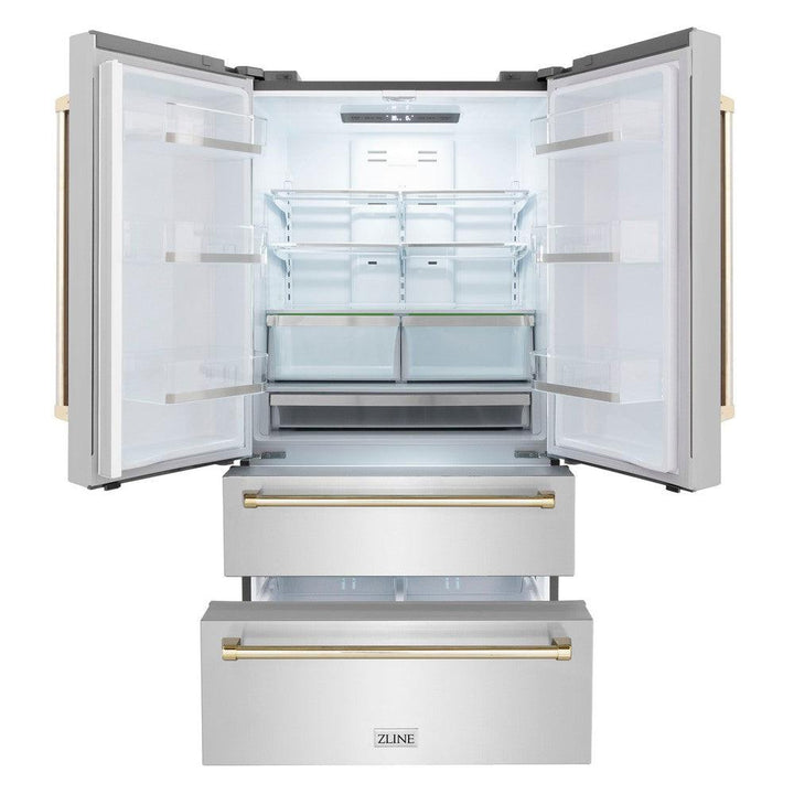 ZLINE Autograph Edition 36 in. Kitchen Package with Stainless Steel Dual Fuel Range, Range Hood, Dishwasher and Refrigerator with Polished Gold Accents (4KAPR-RARHDWM36-G)