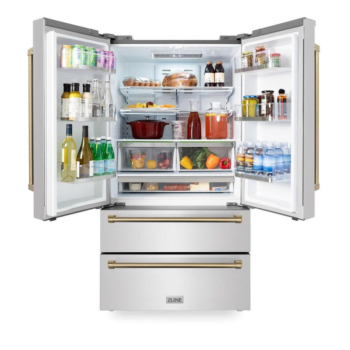 ZLINE Autograph Edition 36 in. Kitchen Package with Stainless Steel Dual Fuel Range, Range Hood, Dishwasher and Refrigerator with Champagne Bronze Accents (4KAPR-RARHDWM36-CB)