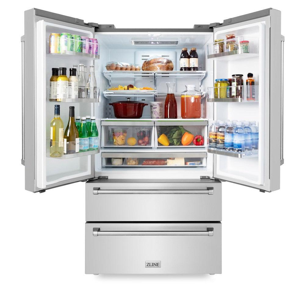 ZLINE Kitchen Package with Refrigerator, 48 in. Stainless Steel Dual Fuel Range, 48 in. Convertible Vent Range Hood, 24 in. Microwave Drawer, and 24 in. Tall Tub Dishwasher (5KPR-RARH48-MWDWV)