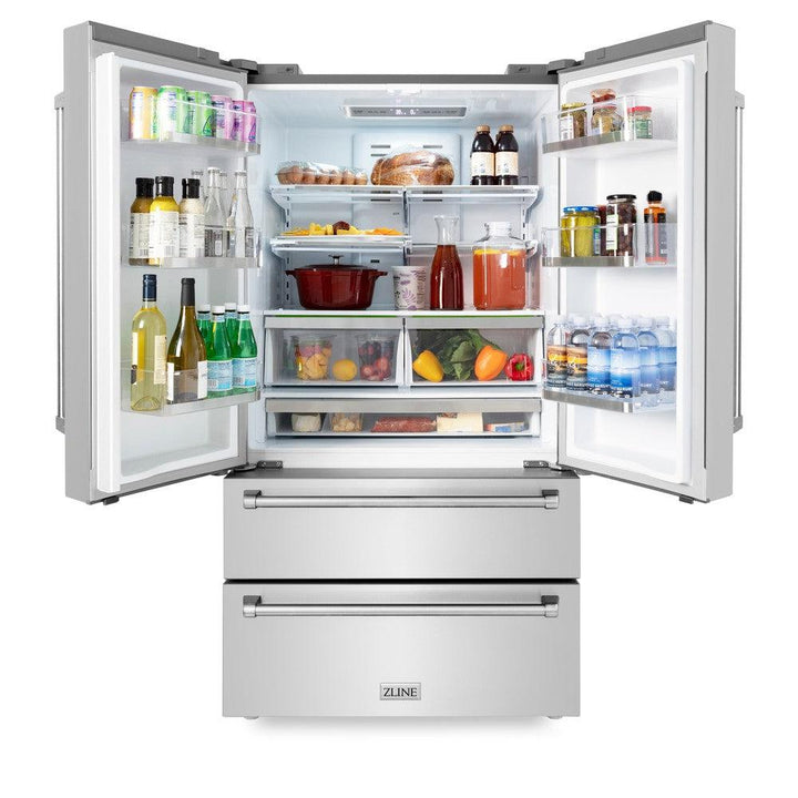 ZLINE Kitchen Package with Refrigerator, 48 in. Stainless Steel Dual Fuel Range, 48 in. Convertible Vent Range Hood, 24 in. Microwave Drawer, and 24 in. Tall Tub Dishwasher (5KPR-RARH48-MWDWV)