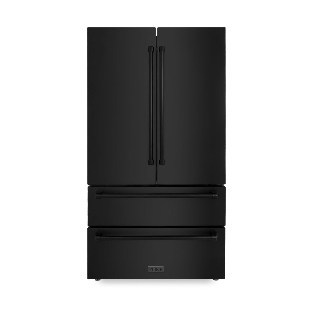 ZLINE Kitchen Package with Black Stainless Steel Refrigerator, 36 in. Dual Fuel Range, 36 in. Range Hood, Microwave Drawer, and 24 in. Tall Tub Dishwasher (5KPR-RABRH36-MWDWV)