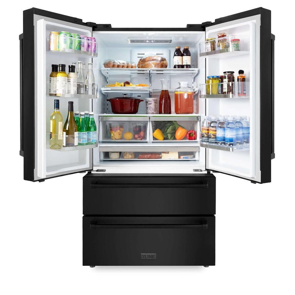 ZLINE Kitchen Package with Black Stainless Steel Refrigerator, 48 in. Dual Fuel Range, 48 in. Range Hood, Microwave Drawer, and 24 in. Tall Tub Dishwasher (5KPR-RABRH48-MWDWV)
