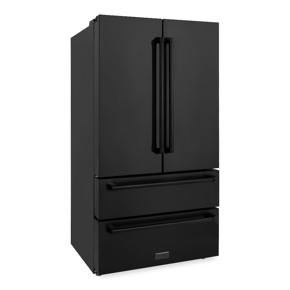 ZLINE Kitchen Package with Black Stainless Steel Refrigerator, 36 in. Dual Fuel Range, 36 in. Range Hood, Microwave Drawer, and 24 in. Tall Tub Dishwasher (5KPR-RABRH36-MWDWV)