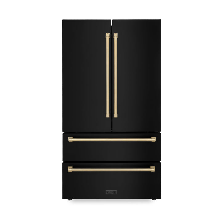 ZLINE 36" Autograph Edition Counter-Depth French Door Refrigerator with Ice Maker in Fingerprint-Resistant Black Stainless Steel and Champagne Bronze Traditional Handles