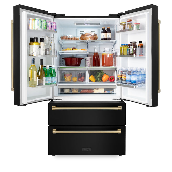 ZLINE 36" Autograph Edition Counter-Depth French Door Refrigerator with Ice Maker in Fingerprint-Resistant Black Stainless Steel and Champagne Bronze Traditional Handles