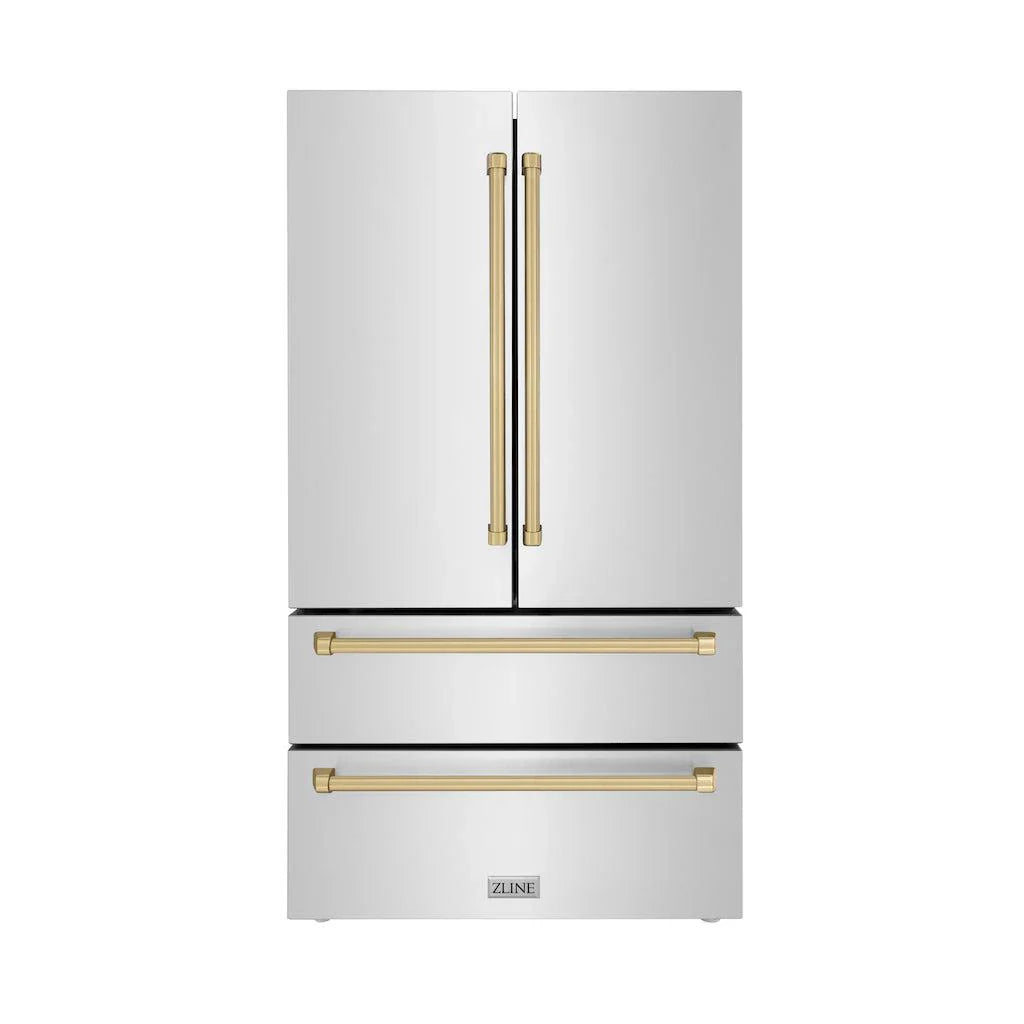 ZLINE 36 In. Autograph 22.5 cu. ft. Refrigerator with Ice Maker in Fingerprint Resistant Stainless Steel and Champagne Bronze Accents, RFMZ-36-CB