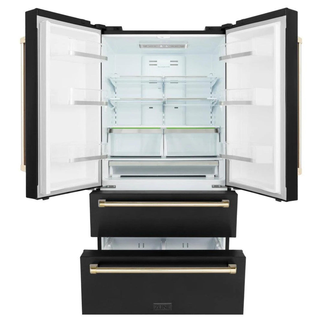 ZLINE Autograph Edition 30", 36", &amp; 48" Black Stainless Steel 4-Piece Kitchen Package with Dual Fuel Range, Range Hood, Dishwasher, and Refrigerator—Polished Gold Accents