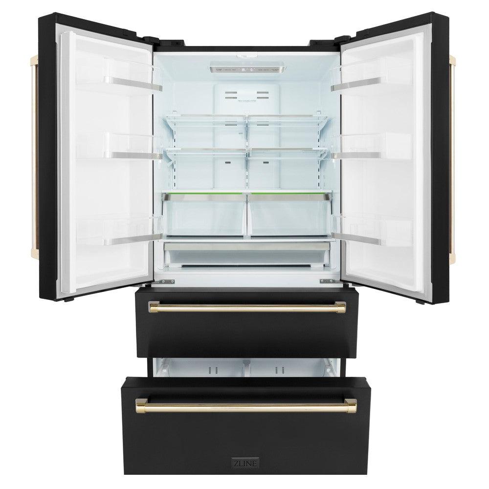 ZLINE Autograph Edition 48 in. Kitchen Package with Black Stainless Steel Dual Fuel Range, Range Hood, Dishwasher and Refrigerator Including External Water Dispenser with Polished Gold Accents (4AKPR-RABRHDWV48-G)