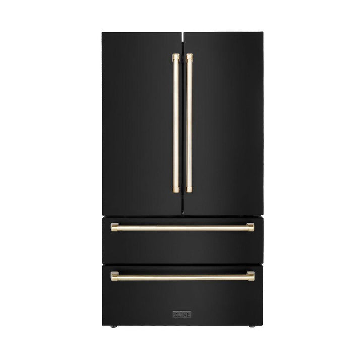 ZLINE Autograph Edition 36 in. Kitchen Package with Black Stainless Steel Dual Fuel Range, Range Hood, Dishwasher and Refrigerator with Polished Gold Accents (4AKPR-RABRHDWV36-G)