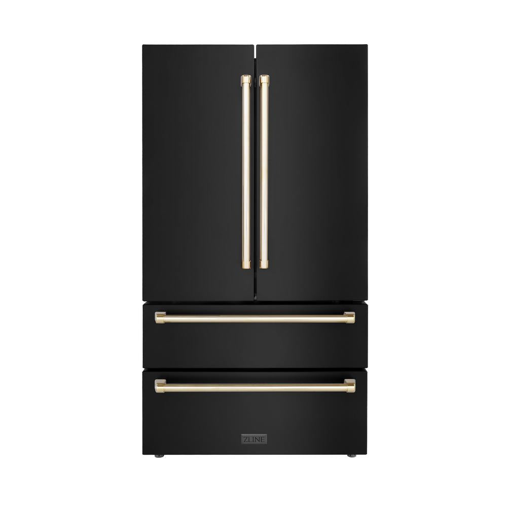 ZLINE Autograph Edition 48 in. Kitchen Package with Black Stainless Steel Dual Fuel Range, Range Hood, Dishwasher and Refrigerator Including External Water Dispenser with Polished Gold Accents (4AKPR-RABRHDWV48-G)