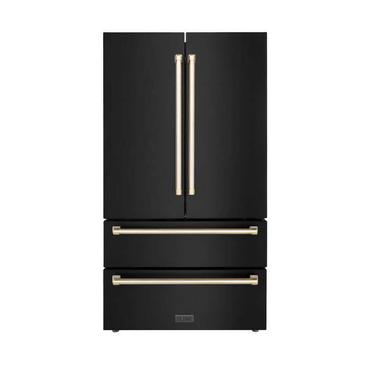 ZLINE Autograph Edition 48 in. Kitchen Package with Black Stainless Steel Dual Fuel Range, Range Hood, Dishwasher and Refrigerator Including External Water Dispenser with Polished Gold Accents (4AKPR-RABRHDWV48-G)