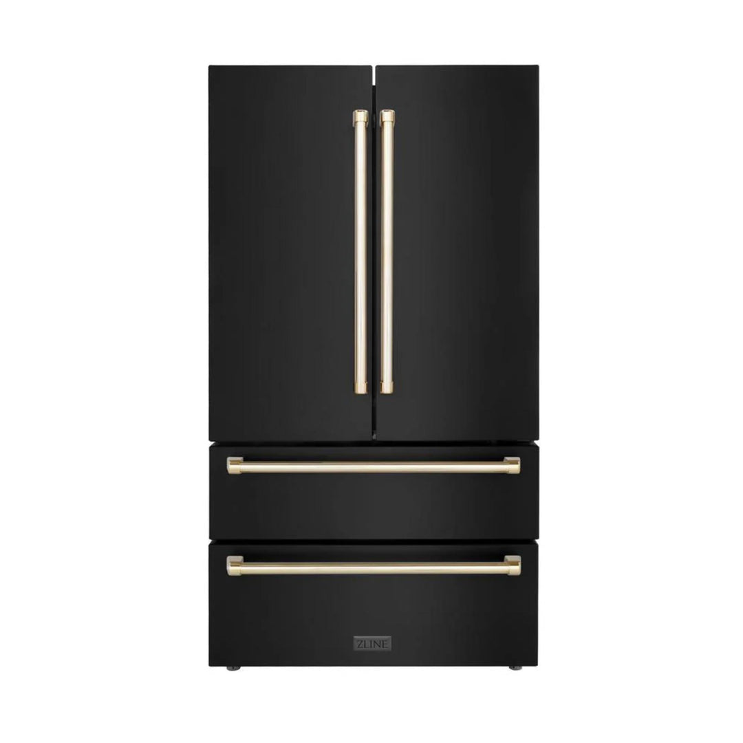 ZLINE Autograph Edition 30", 36", &amp; 48" Black Stainless Steel 4-Piece Kitchen Package with Dual Fuel Range, Range Hood, Dishwasher, and Refrigerator—Polished Gold Accents
