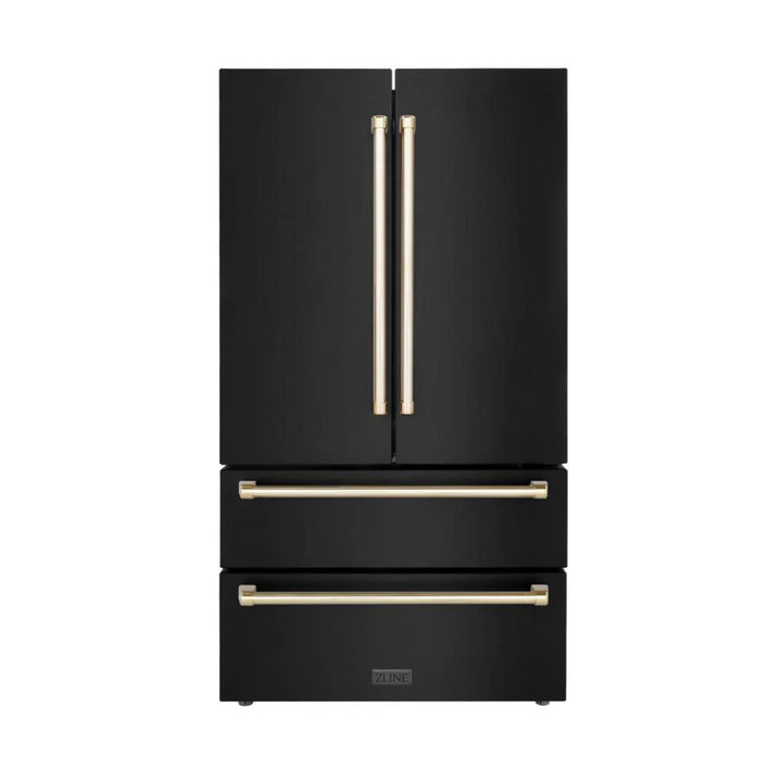 ZLINE Autograph Edition 30", 36", &amp; 48" Black Stainless Steel 4-Piece Kitchen Package with Dual Fuel Range, Range Hood, Dishwasher, and Refrigerator—Polished Gold Accents