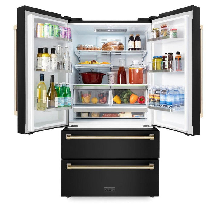 ZLINE Autograph Edition 36 in. Kitchen Package with Black Stainless Steel Dual Fuel Range, Range Hood, Dishwasher and Refrigerator with Polished Gold Accents (4AKPR-RABRHDWV36-G)