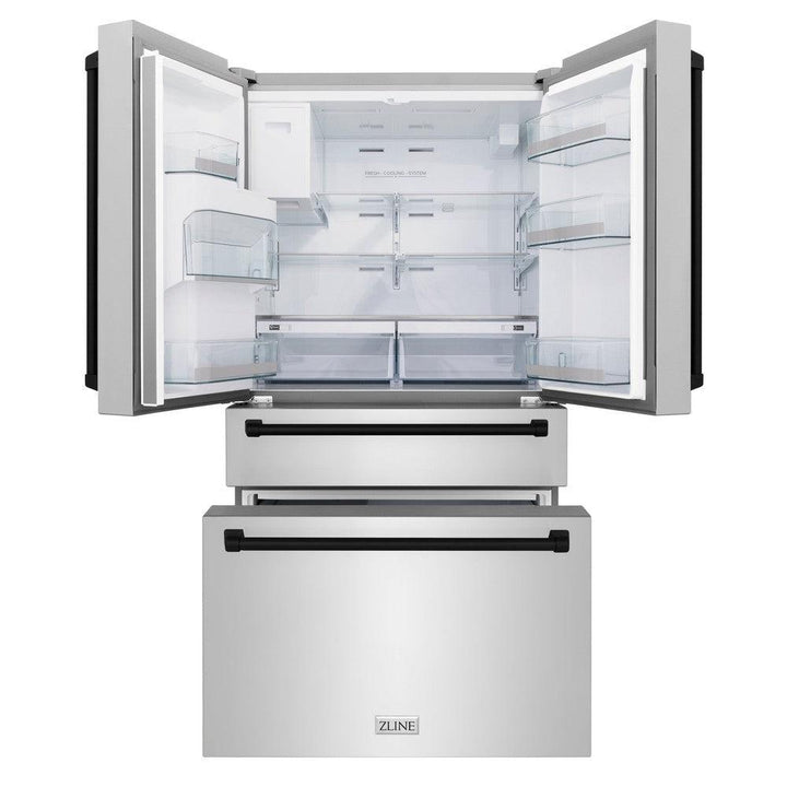 ZLINE Autograph Edition 48 in. Kitchen Package with Stainless Steel Dual Fuel Range, Range Hood, Dishwasher and Refrigerator Including External Water Dispenser with Matte Black Accents (4AKPR-RARHDWM48-MB)
