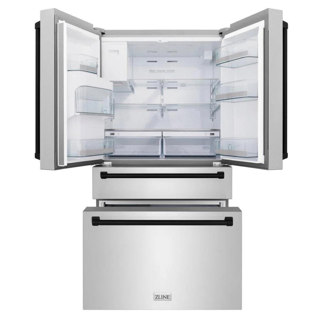 ZLINE Autograph Edition 30", 36", &amp; 48" Stainless Steel 4-Piece Kitchen Package with Matte Black Accents—Dual Fuel Range, Wall Mount Range Hood, Dishwasher, and Refrigerator