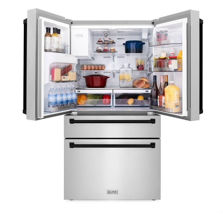 ZLINE Autograph Edition 48 in. Kitchen Package with Stainless Steel Dual Fuel Range, Range Hood, Dishwasher and Refrigerator with Matte Black Accents (4KAPR-RARHDWM48-MB)