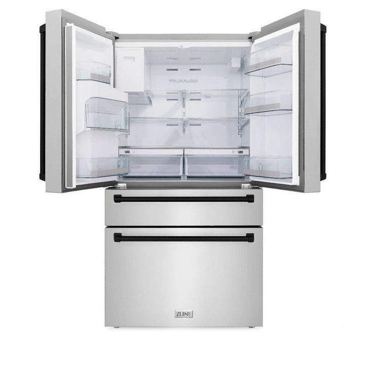 ZLINE Autograph Edition 30 in. Kitchen Package with Stainless Steel Dual Fuel Range, Range Hood, Dishwasher, and Refrigerator with External Water Dispenser with Matte Black Accents (4AKPR-RARHDWM30-MB)