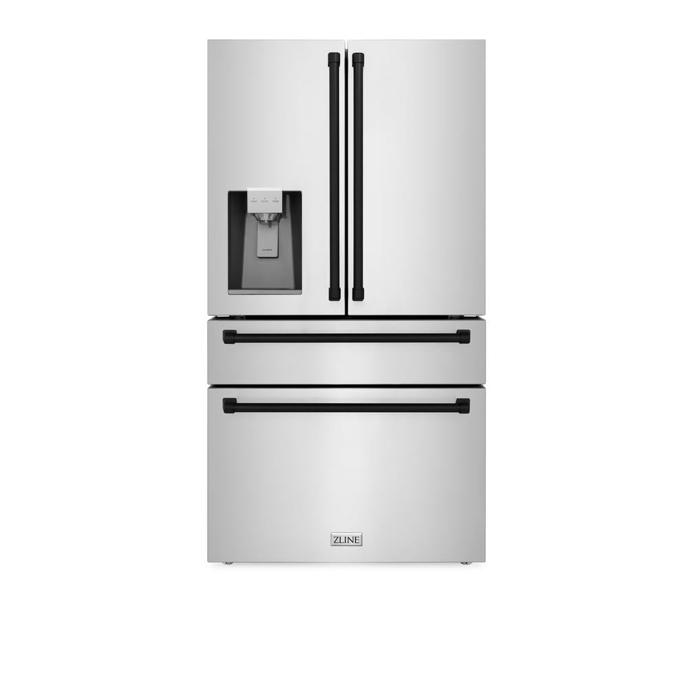 ZLINE Autograph Edition 36 in. 21.6 cu. ft. Counter-Depth French Door Refrigerator with Water and Ice Dispenser in Fingerprint-Resistant Stainless Steel with Matte Black Traditional Handles (RFMZ-W-36-MB)