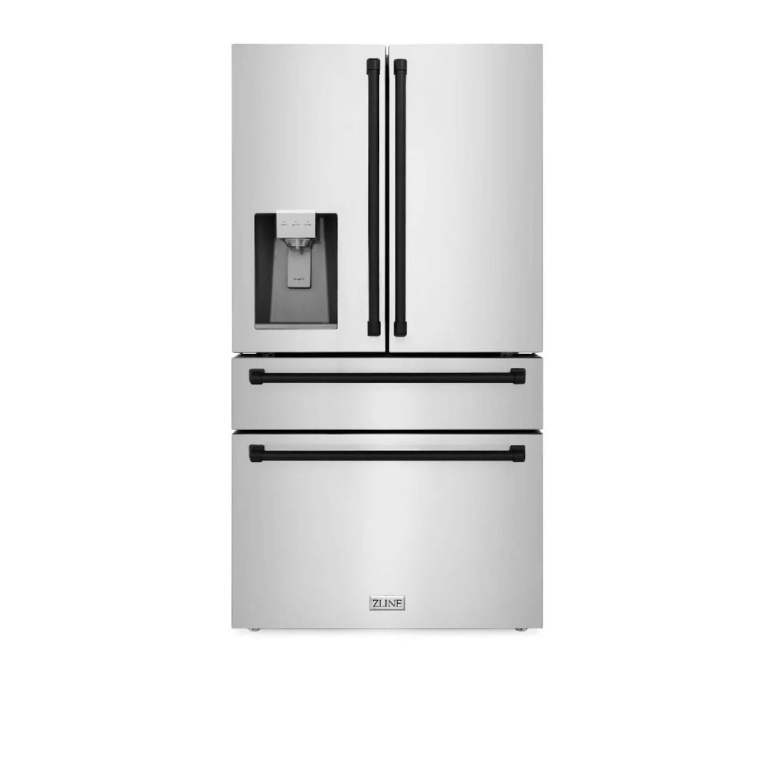 ZLINE Autograph Edition 30", 36", &amp; 48" Stainless Steel 4-Piece Kitchen Package with Matte Black Accents—Dual Fuel Range, Wall Mount Range Hood, Dishwasher, and Refrigerator.