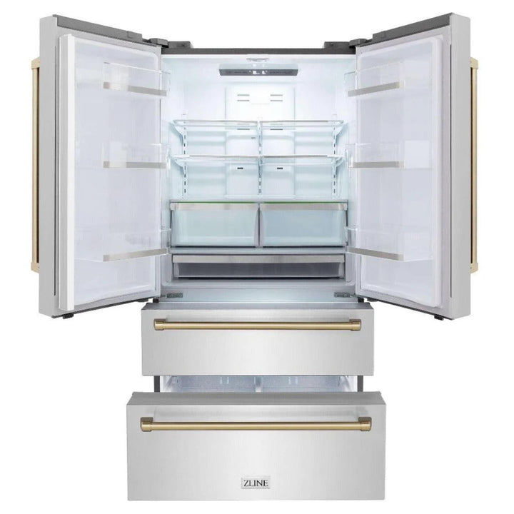 ZLINE Autograph Edition 30", 36", &amp; 48" Stainless Steel 4-Piece Kitchen Package with Champagne Bronze Accents.