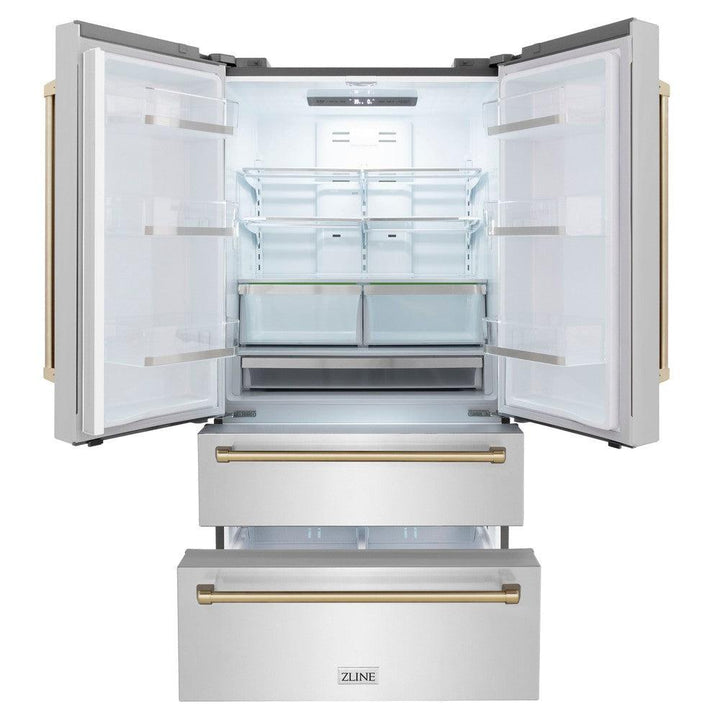 ZLINE Autograph Edition 36 in. Kitchen Package with Stainless Steel Dual Fuel Range, Range Hood, Dishwasher and Refrigerator with Champagne Bronze Accents (4KAPR-RARHDWM36-CB)
