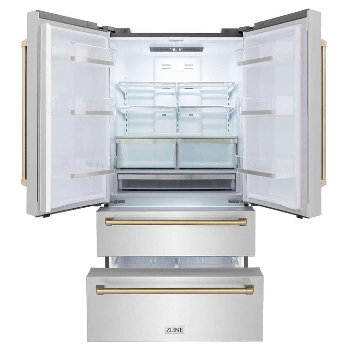 ZLINE Autograph Edition 30 in. Kitchen Package with Stainless Steel Dual Fuel Range, Range Hood, Dishwasher and Refrigerator with Champagne Bronze Accents (4KAPR-RARHDWM30-CB)