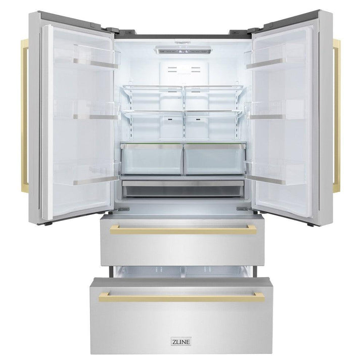ZLINE Autograph Edition 36 in. 22.5 cu. ft. Counter-Depth French Door Refrigerator with Ice Maker in Fingerprint-Resistant Stainless Steel with Champagne Bronze Modern Handles (RFMZ-36-FCB)