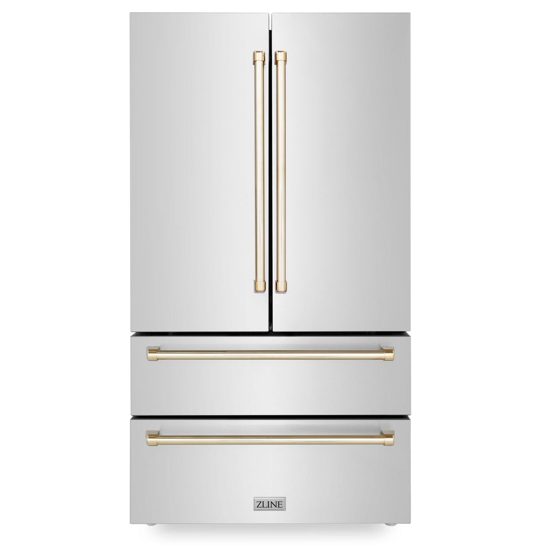 ZLINE 36" Autograph Edition Counter-Depth French Door Refrigerator with Ice Maker in Fingerprint-Resistant Stainless Steel with Polished Gold Traditional Handles