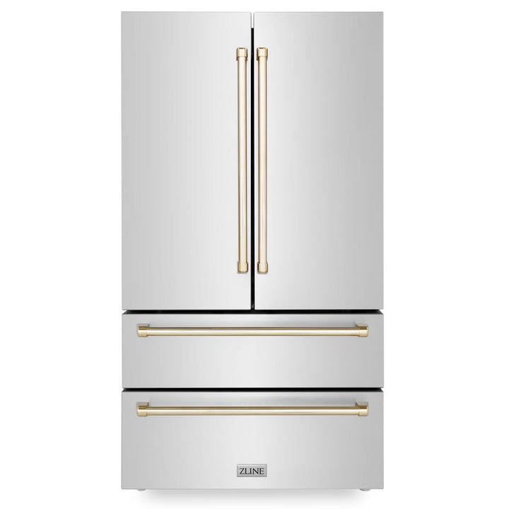 ZLINE Autograph Edition 36 in. Kitchen Package with Stainless Steel Dual Fuel Range, Range Hood, Dishwasher and Refrigerator with Polished Gold Accents (4KAPR-RARHDWM36-G)