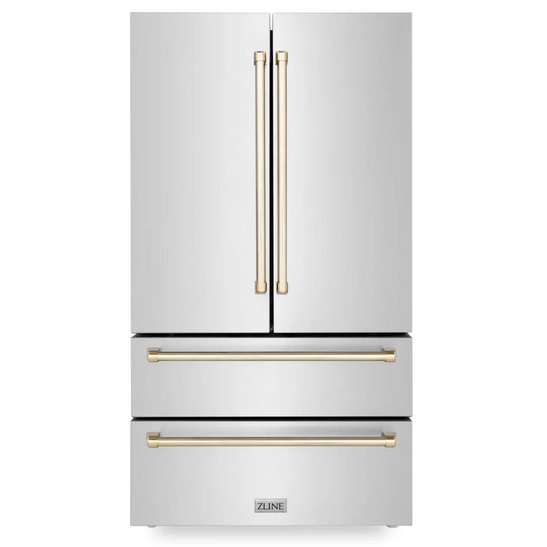 ZLINE Autograph Edition 30", 36", &amp; 48" Stainless Steel 4-Piece Kitchen Package with Polished Gold Accents—Dual Fuel Range, Wall Mount Range Hood, Dishwasher, and Refrigerator