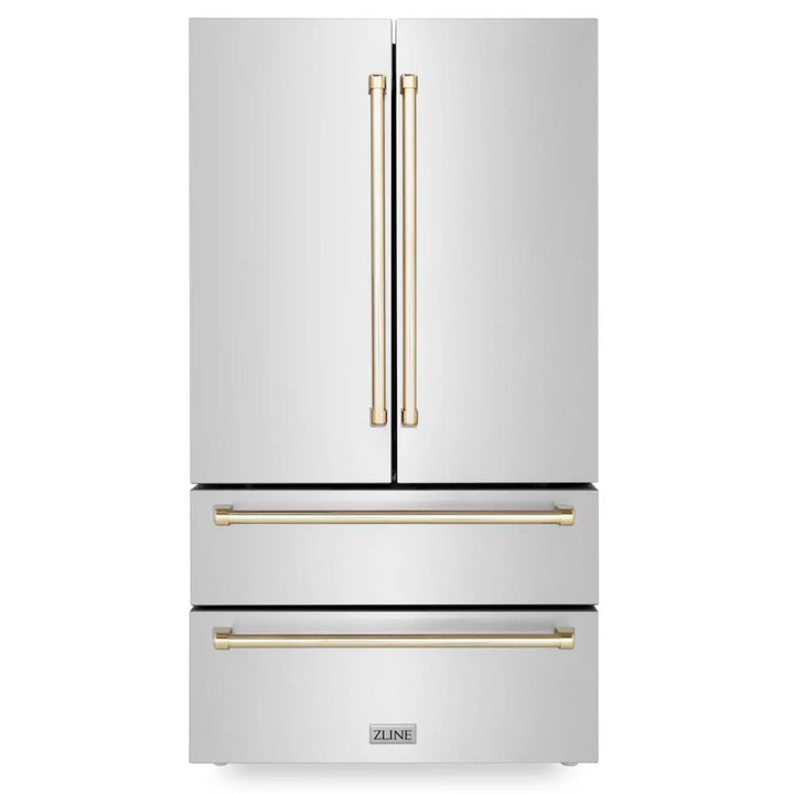 ZLINE Autograph Edition 30", 36", &amp; 48" Stainless Steel 4-Piece Kitchen Package with Polished Gold Accents—Dual Fuel Range, Wall Mount Range Hood, Dishwasher, and Refrigerator