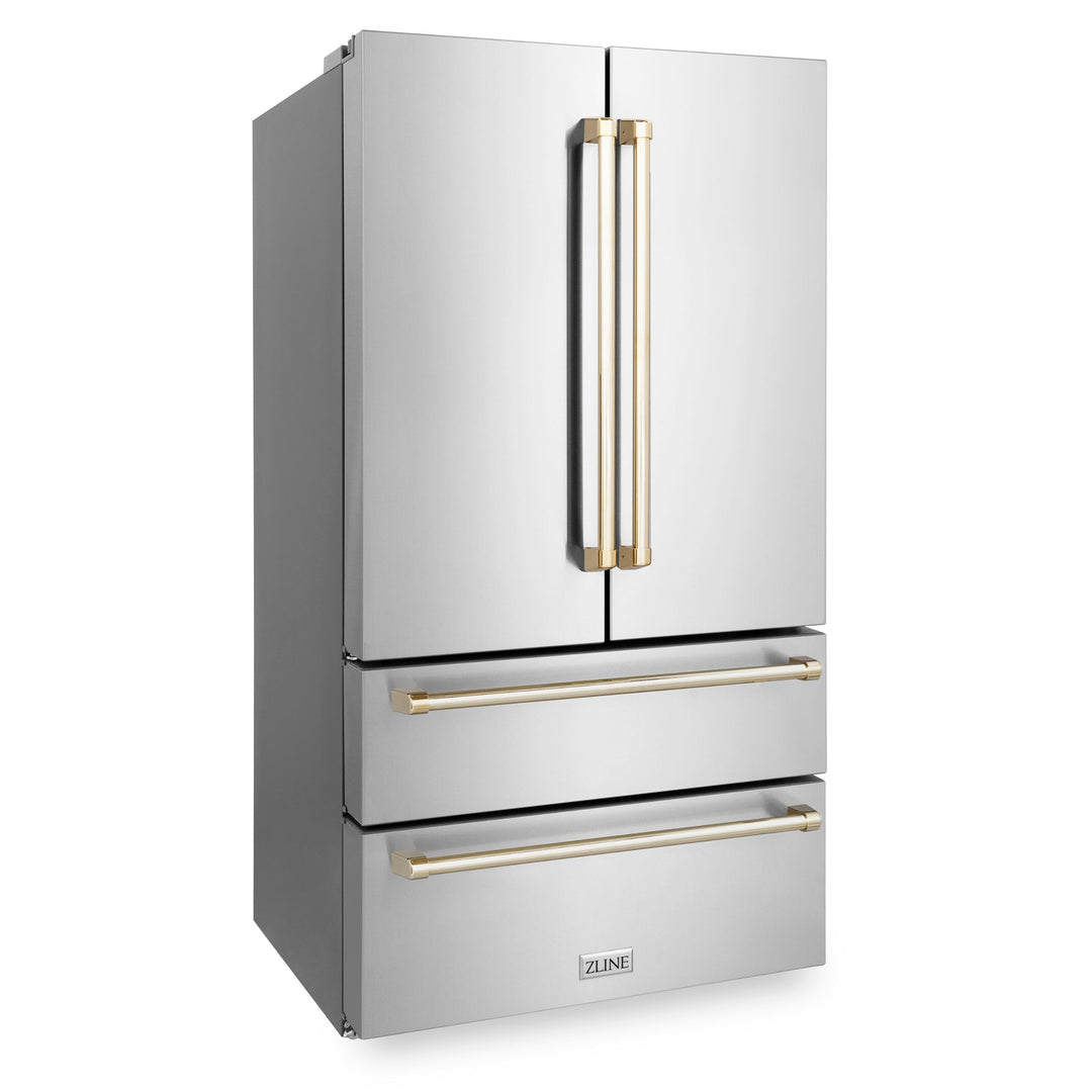 ZLINE 36" Autograph Edition Counter-Depth French Door Refrigerator with Ice Maker in Fingerprint-Resistant Stainless Steel with Polished Gold Traditional Handles