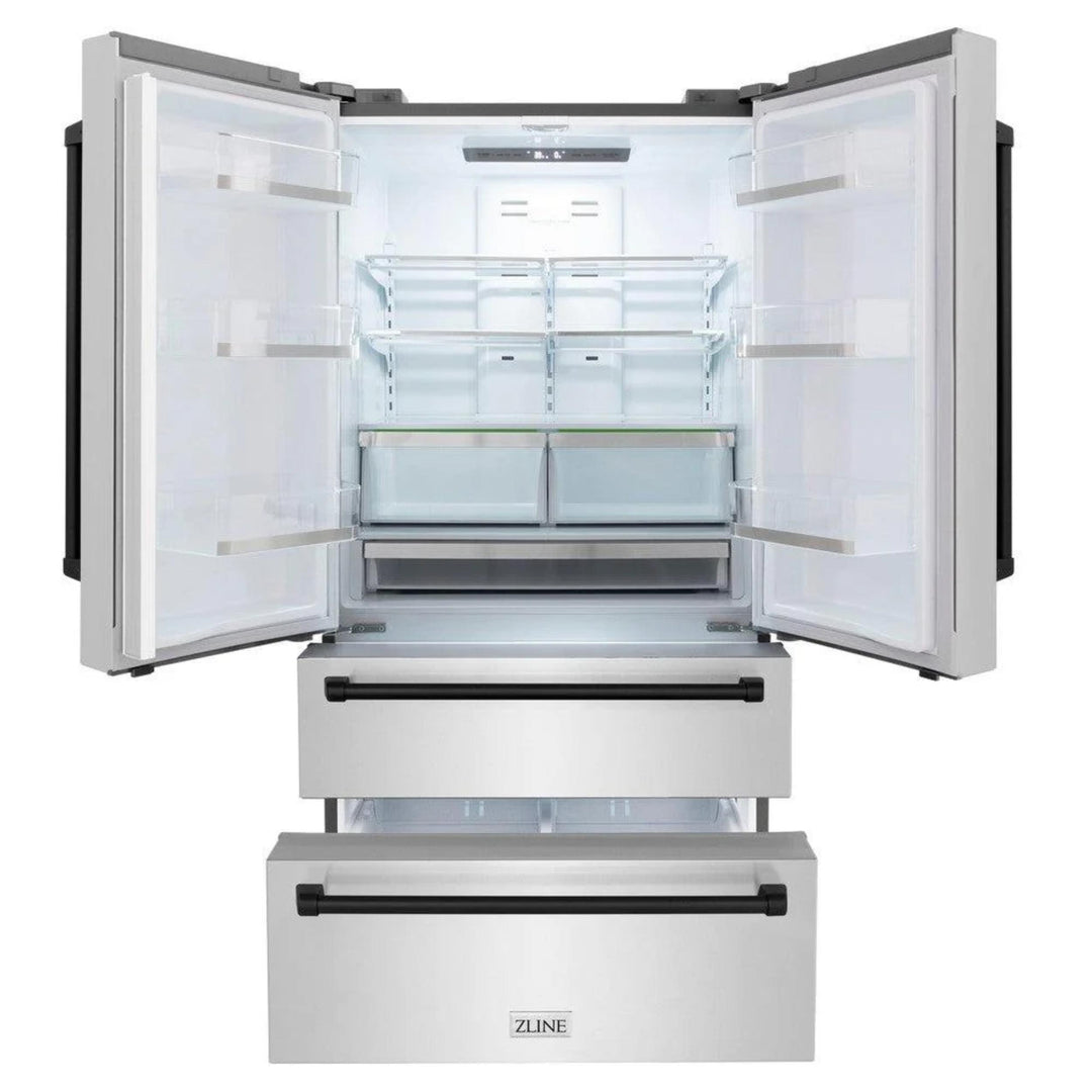 ZLINE Autograph Edition 30", 36", &amp; 48" Stainless Steel 4-Piece Kitchen Package with Matte Black Accents—Dual Fuel Range, Wall Mount Range Hood, Dishwasher, and Refrigerator
