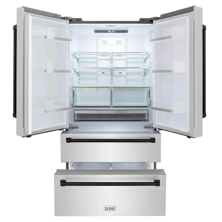 ZLINE Autograph Edition 30", 36", &amp; 48" Stainless Steel 4-Piece Kitchen Package with Matte Black Accents—Dual Fuel Range, Wall Mount Range Hood, Dishwasher, and Refrigerator