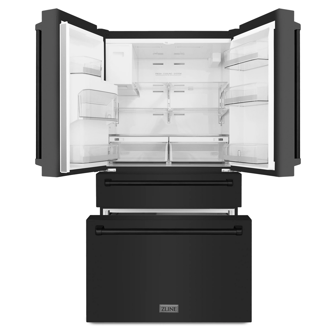 ZLINE Package - 36" Dual Fuel Range, Range Hood, Refrigerator with Water & Ice Dispenser, Dishwasher, Microwave In Black Stainless Steel